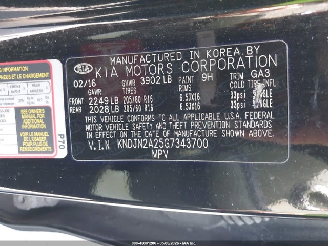 45081206 :رقم المزاد ، KNDJN2A25G7343700 vin ، 2016 Kia Soul مزاد بيع