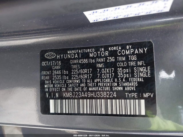 2017 Hyundai Tucson Se მანქანა იყიდება აუქციონზე, vin: KM8J23A49HU338224, აუქციონის ნომერი: 45081229