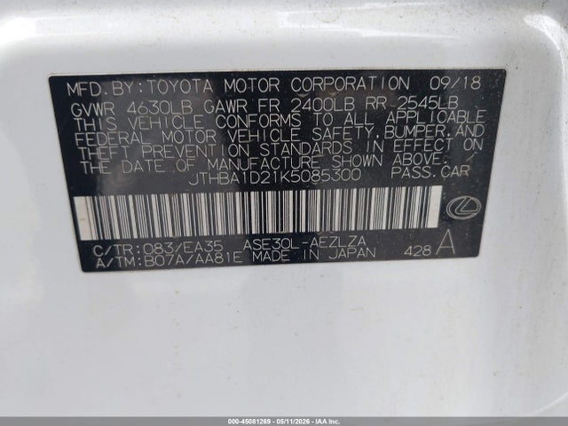 Aukcja sprzedaży 2019 Lexus Is 300, vin: JTHBA1D21K5085300, numer aukcji: 45081269