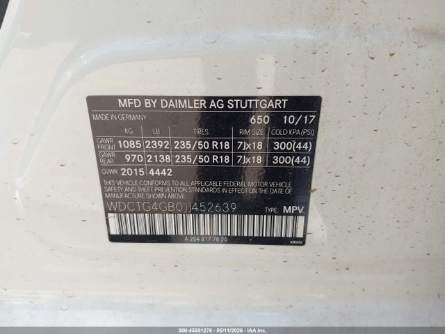 Aukcja sprzedaży 2018 Mercedes-benz Gla 250 4matic, vin: WDCTG4GB0JJ452639, numer aukcji: 45081270