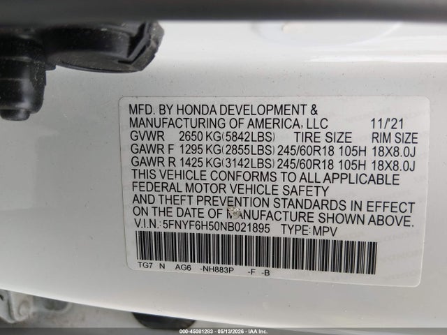 45081283 :رقم المزاد ، 5FNYF6H50NB021895 vin ، 2022 Honda Pilot Awd Ex-l مزاد بيع