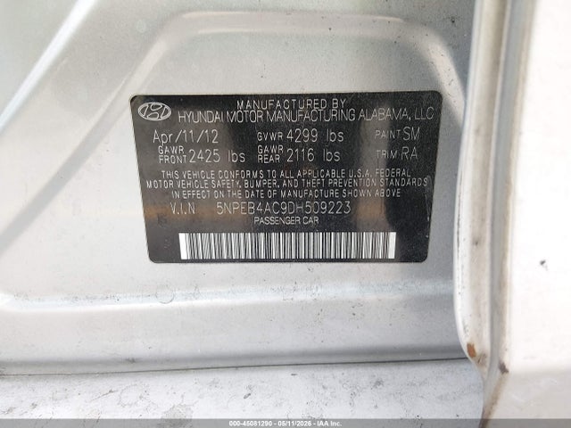 Aukcja sprzedaży 2013 Hyundai Sonata Gls, vin: 5NPEB4AC9DH509223, numer aukcji: 45081290