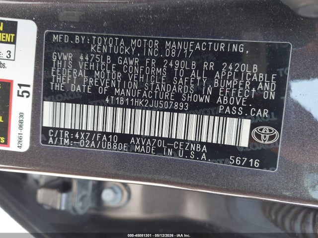 Продажа на аукционе авто 2018 Toyota Camry Le, vin: 4T1B11HK2JU507893, номер лота: 45081301