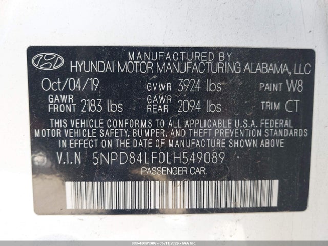 45081306 :رقم المزاد ، 5NPD84LF0LH549089 vin ، 2020 Hyundai Elantra Sel مزاد بيع