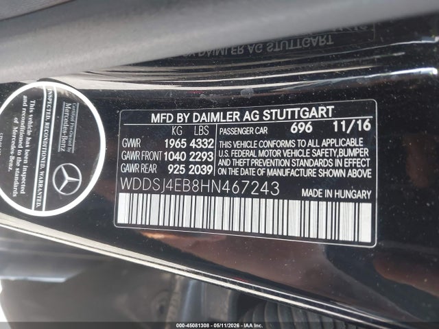 Продажа на аукционе авто 2017 Mercedes-benz Cla 250, vin: WDDSJ4EB8HN467243, номер лота: 45081308