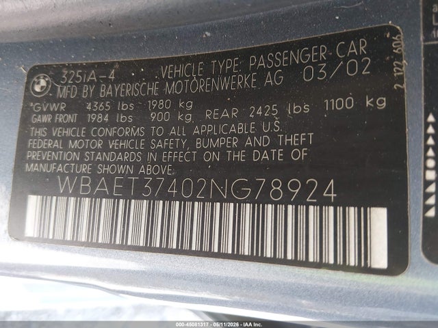 Продажа на аукционе авто 2002 Bmw 325i, vin: WBAET37402NG78924, номер лота: 45081317