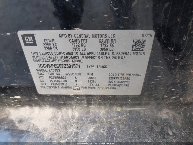 45081322 :رقم المزاد ، 1GCVKPEC0FZ391571 vin ، 2015 Chevrolet Silverado 1500 Wt مزاد بيع