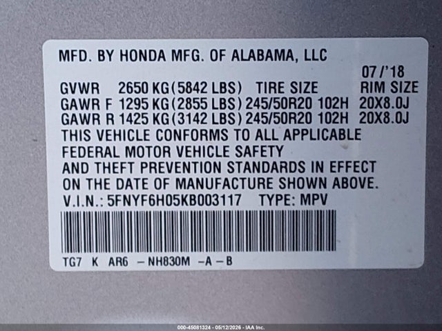 45081324 :رقم المزاد ، 5FNYF6H05KB003117 vin ، 2019 Honda Pilot Elite مزاد بيع
