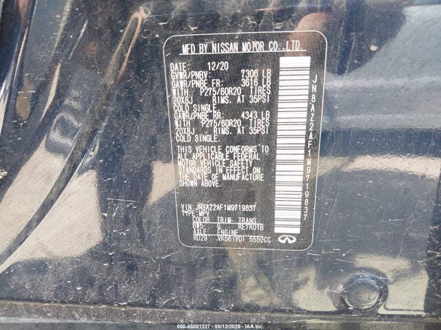 Aukcja sprzedaży 2021 Infiniti Qx80 Luxe, vin: JN8AZ2AF1M9719837, numer aukcji: 45081327