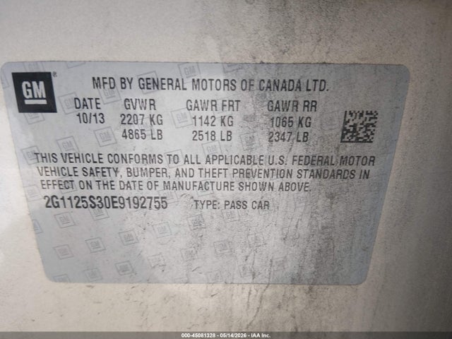 45081328 :رقم المزاد ، 2G1125S30E9192755 vin ، 2014 Chevrolet Impala 2lt مزاد بيع
