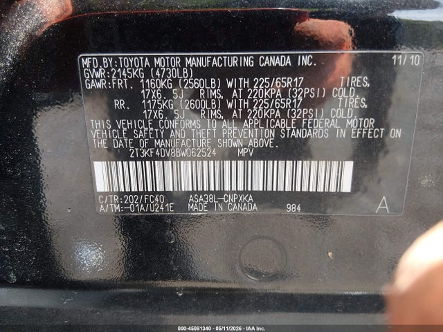 Aukcja sprzedaży 2011 Toyota Rav4, vin: 2T3KF4DV8BW062524, numer aukcji: 45081340