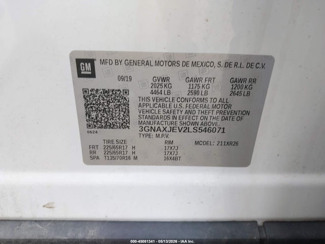 Продаж на аукціоні авто 2020 Chevrolet Equinox Fwd 2fl, vin: 3GNAXJEV2LS546071, номер лоту: 45081341