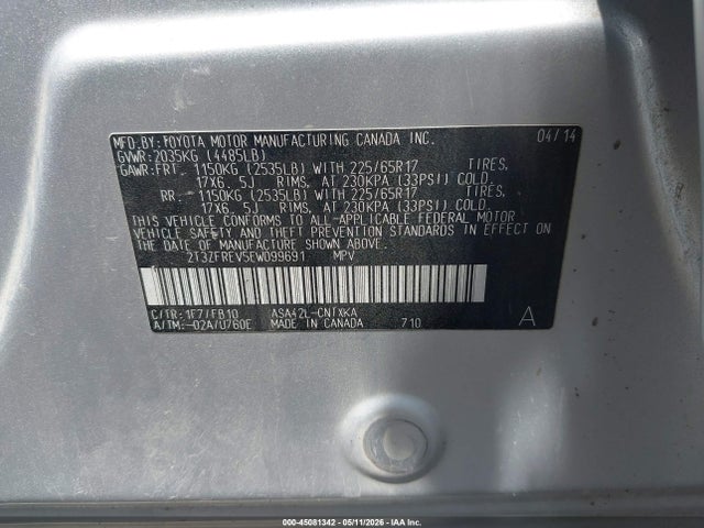 45081342 :رقم المزاد ، 2T3ZFREV5EW099691 vin ، 2014 Toyota Rav4 Le مزاد بيع