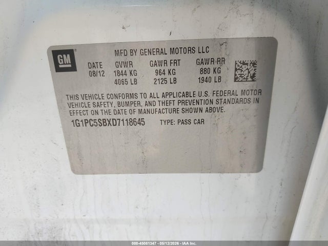Продаж на аукціоні авто 2013 Chevrolet Cruze 1lt Auto, vin: 1G1PC5SBXD7118645, номер лоту: 45081347