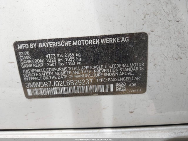 2020 Bmw 330i Xdrive მანქანა იყიდება აუქციონზე, vin: 3MW5R7J02L8B29237, აუქციონის ნომერი: 45081348