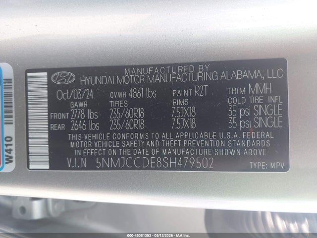 45081353 :رقم المزاد ، 5NMJCCDE8SH479502 vin ، 2025 Hyundai Tucson Sel Convenience مزاد بيع