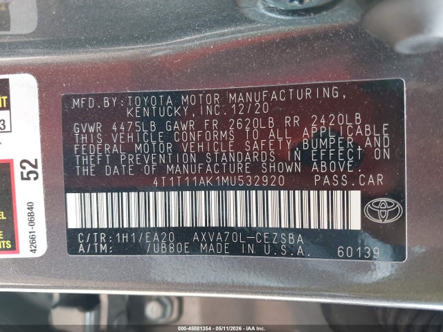 Aukcja sprzedaży 2021 Toyota Camry Se, vin: 4T1T11AK1MU532920, numer aukcji: 45081354