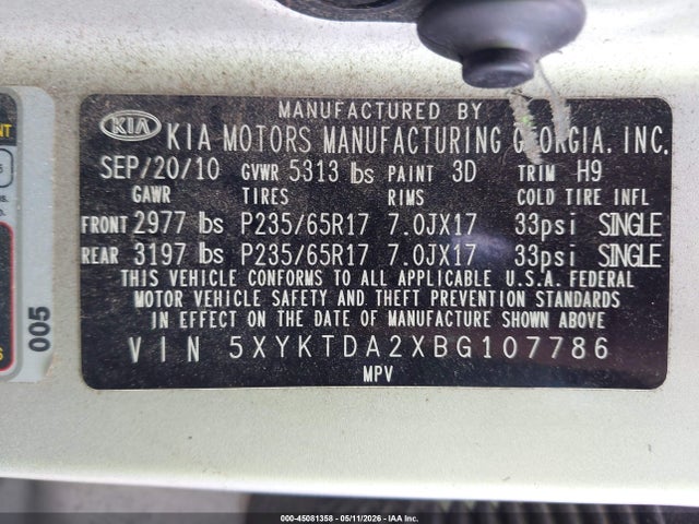 Продаж на аукціоні авто 2011 Kia Sorento Lx V6, vin: 5XYKTDA2XBG107786, номер лоту: 45081358