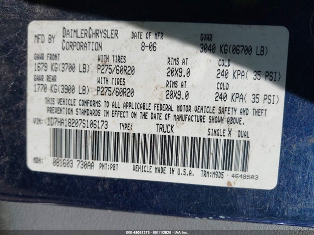 45081376 :رقم المزاد ، 1D7HA18207S106173 vin ، 2007 Dodge Ram 1500 Slt مزاد بيع