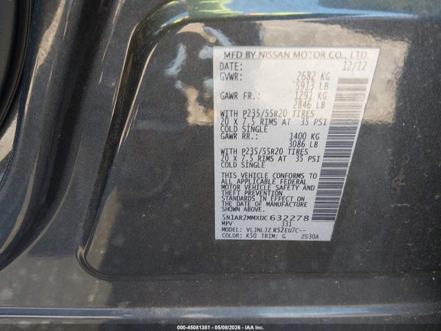 Aukcja sprzedaży 2013 Nissan Pathfinder Platinum, vin: 5N1AR2MMXDC632278, numer aukcji: 45081381