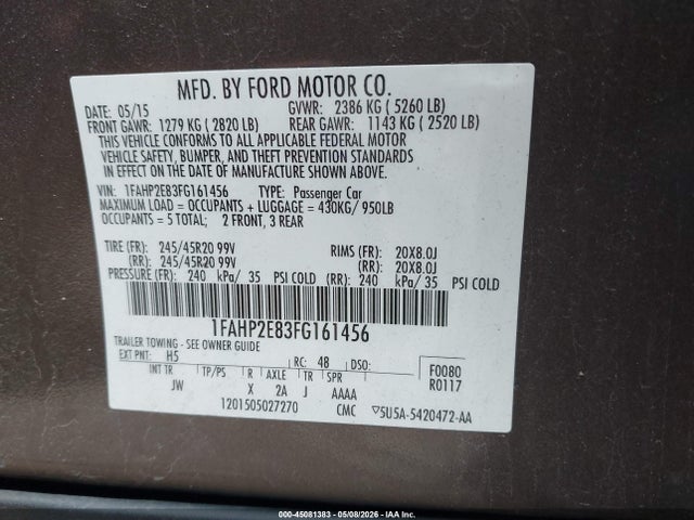 45081383 :رقم المزاد ، 1FAHP2E83FG161456 vin ، 2015 Ford Taurus Sel مزاد بيع