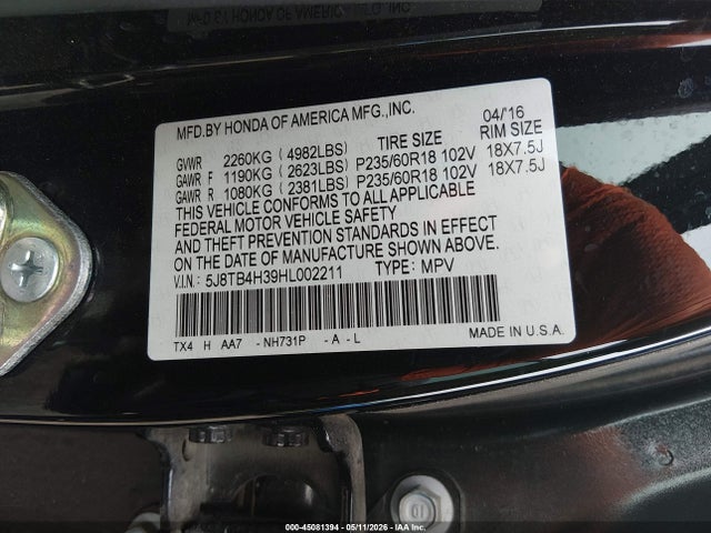 45081394 :رقم المزاد ، 5J8TB4H39HL002211 vin ، 2017 Acura Rdx Base (a6)/w/acurawatch Plus مزاد بيع