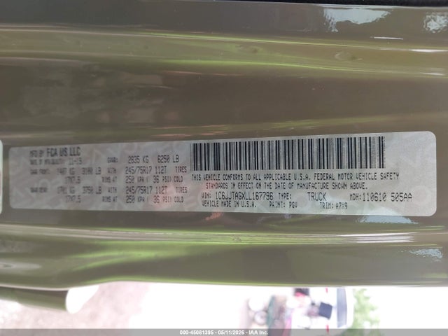 45081395 :رقم المزاد ، 1C6JJTAGXLL167796 vin ، 2020 Jeep Gladiator Sport S 4x4 مزاد بيع