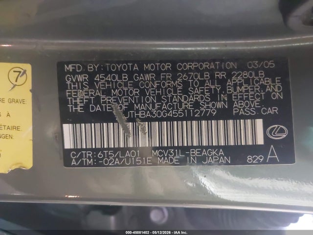 45081402 :رقم المزاد ، JTHBA30G455112779 vin ، 2005 Lexus Es 330 مزاد بيع