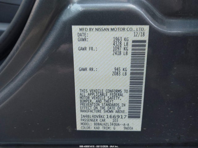 Aukcja sprzedaży 2019 Nissan Altima 2.5 Sv, vin: 1N4BL4DV8KC166917, numer aukcji: 45081415