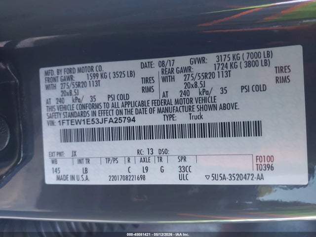 45081421 :رقم المزاد ، 1FTEW1E53JFA25794 vin ، 2018 Ford F-150 Lariat مزاد بيع