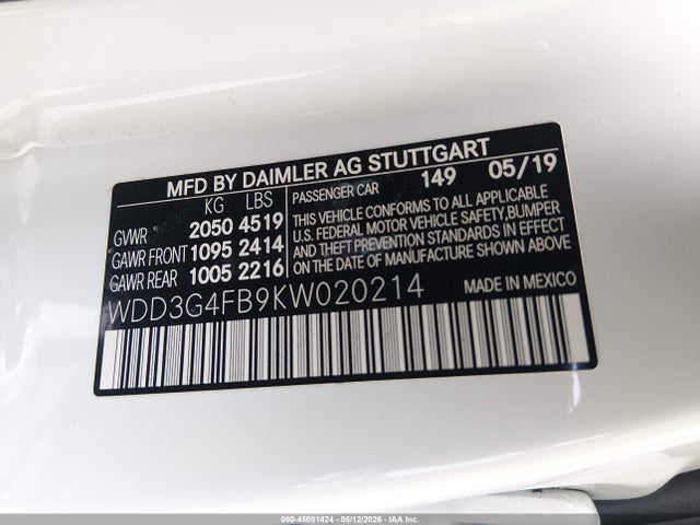 2019 Mercedes-benz A 220 4matic მანქანა იყიდება აუქციონზე, vin: WDD3G4FB9KW020214, აუქციონის ნომერი: 45081424