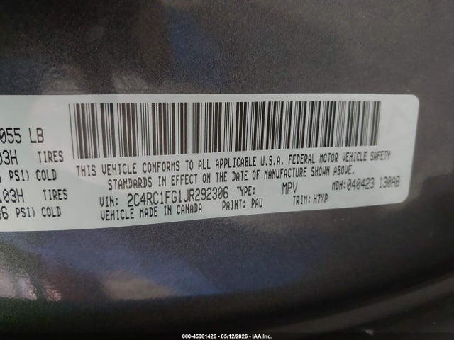 2018 Chrysler Pacifica Touring Plus მანქანა იყიდება აუქციონზე, vin: 2C4RC1FG1JR292306, აუქციონის ნომერი: 45081426