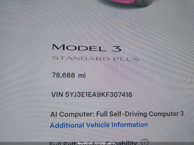 Продажа на аукционе авто 2019 Tesla Model 3 Long Range/mid Range/standard Range/standard Range Plus, vin: 5YJ3E1EA9KF307418, номер лота: 45081428