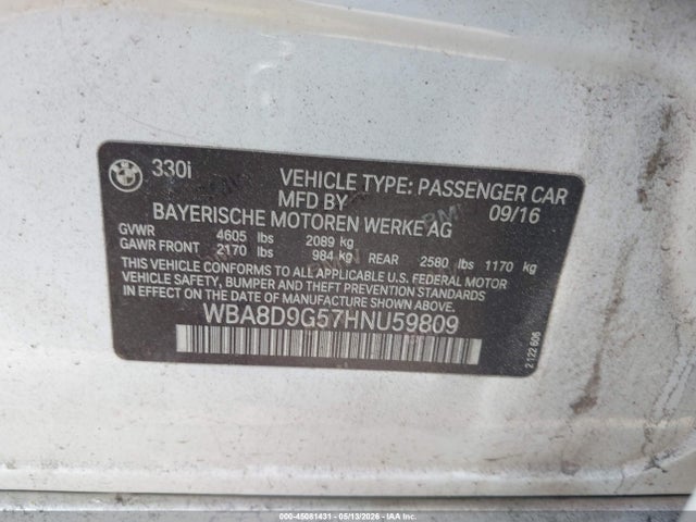 Auction sale of the 2017 Bmw 330i Xdrive, vin: WBA8D9G57HNU59809, lot number: 45081431