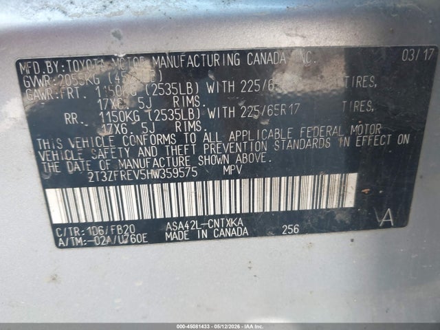 Aukcja sprzedaży 2017 Toyota Rav4 Le, vin: 2T3ZFREV5HW359575, numer aukcji: 45081433