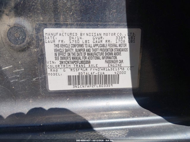 2015 Nissan Versa 1.6 S მანქანა იყიდება აუქციონზე, vin: 3N1CN7AP2FL803359, აუქციონის ნომერი: 45081437