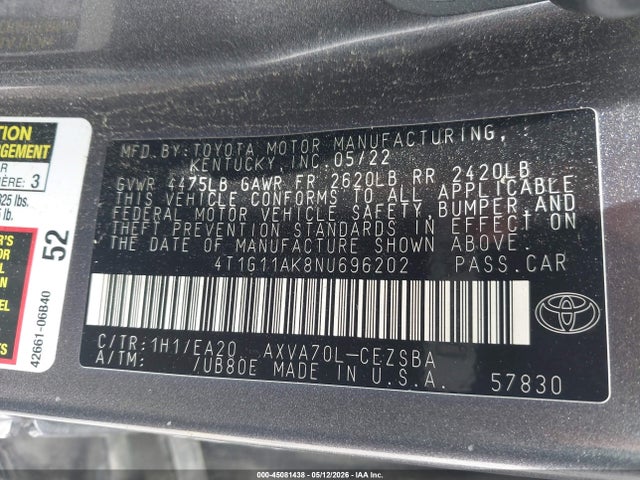 Aukcja sprzedaży 2022 Toyota Camry Se, vin: 4T1G11AK8NU696202, numer aukcji: 45081438