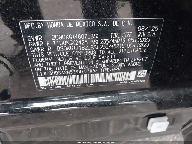 45081444 :رقم المزاد ، 3HDSA2H53SM707898 vin ، 2025 Acura Adx A-spec مزاد بيع