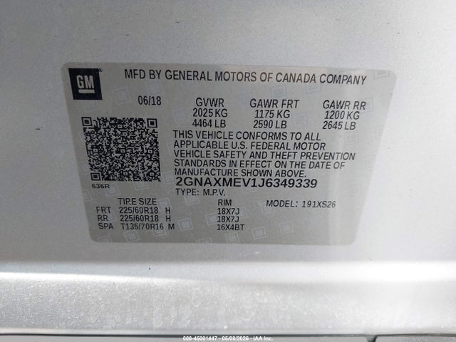 Aukcja sprzedaży 2018 Chevrolet Equinox Premier, vin: 2GNAXMEV1J6349339, numer aukcji: 45081447