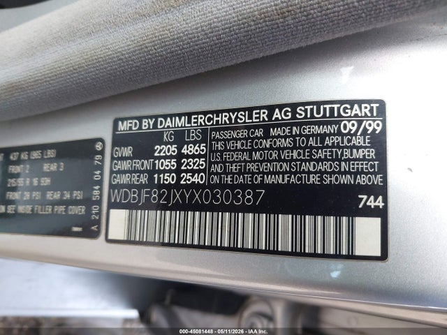 2000 Mercedes-benz E 320 4m მანქანა იყიდება აუქციონზე, vin: WDBJF82JXYX030387, აუქციონის ნომერი: 45081448