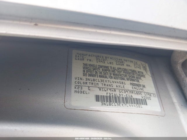 45081459 :رقم المزاد ، 3N1BC13EX7L444581 vin ، 2007 Nissan Versa 1.8s مزاد بيع