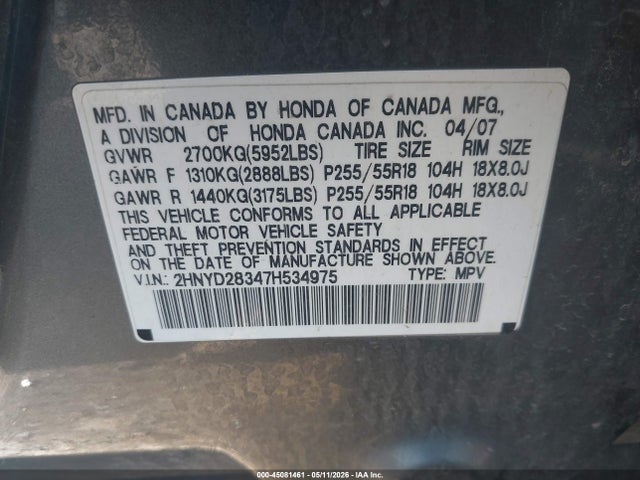 Продажа на аукционе авто 2007 Acura Mdx Technology Package, vin: 2HNYD28347H534975, номер лота: 45081461