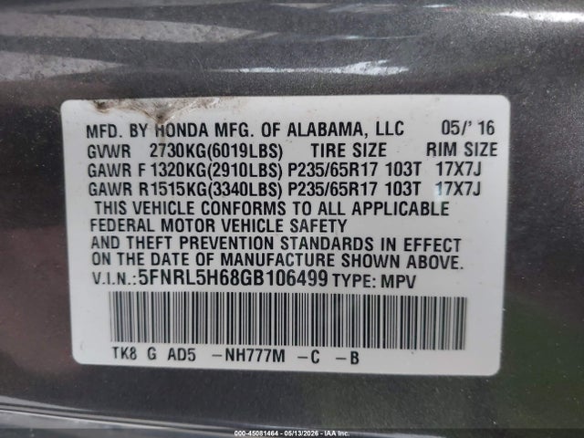 Aukcja sprzedaży 2016 Honda Odyssey Ex-l, vin: 5FNRL5H68GB106499, numer aukcji: 45081464