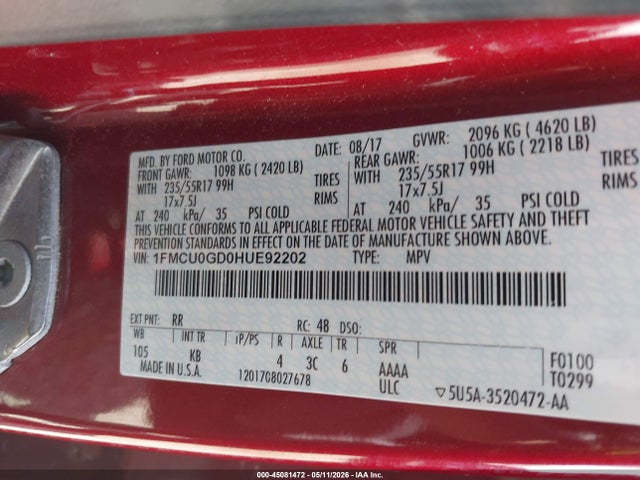 45081472 :رقم المزاد ، 1FMCU0GD0HUE92202 vin ، 2017 Ford Escape Se مزاد بيع
