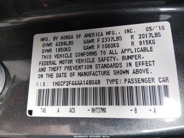 Aukcja sprzedaży 2010 Honda Accord 2.4 Lx-p, vin: 1HGCP2F44AA148048, numer aukcji: 45081475