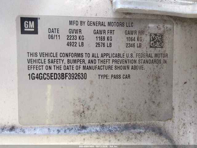2011 Buick Lacrosse Cxl მანქანა იყიდება აუქციონზე, vin: 1G4GC5ED3BF392630, აუქციონის ნომერი: 45081484