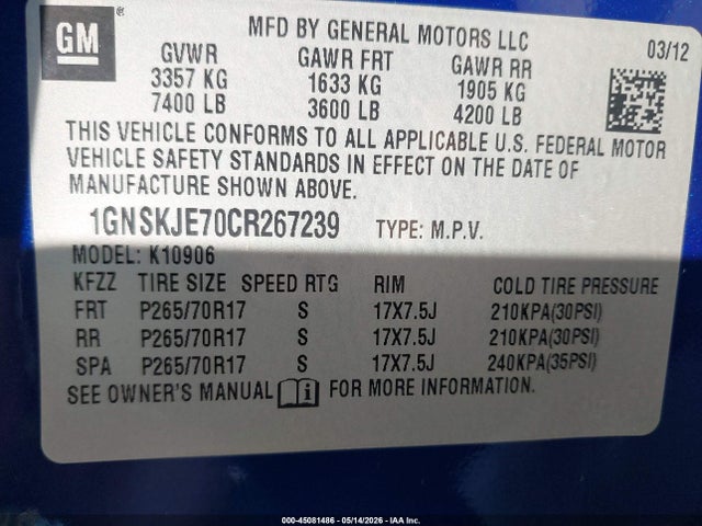 Продаж на аукціоні авто 2012 Chevrolet Suburban 1500 Lt, vin: 1GNSKJE70CR267239, номер лоту: 45081486