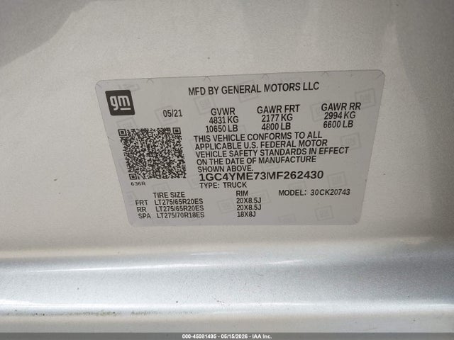 Aukcja sprzedaży 2021 Chevrolet Silverado 2500hd, vin: 1GC4YME73MF262430, numer aukcji: 45081495