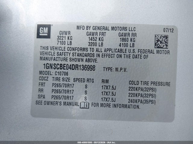 Aukcja sprzedaży 2013 Chevrolet Tahoe Lt, vin: 1GNSCBE04DR136998, numer aukcji: 45081500