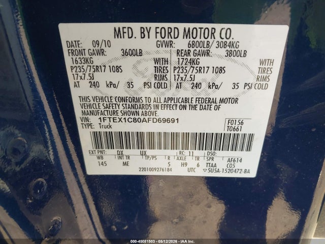 Продажа на аукционе авто 2010 Ford F-150 Xlt, vin: 1FTEX1C80AFD69691, номер лота: 45081503